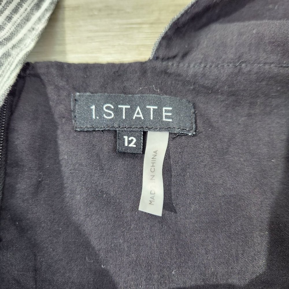 1. State Linen (sz 12) Blend Wide Leg V Neck Grey Striped High Waist Jumpsuit - Picture 6 of 12